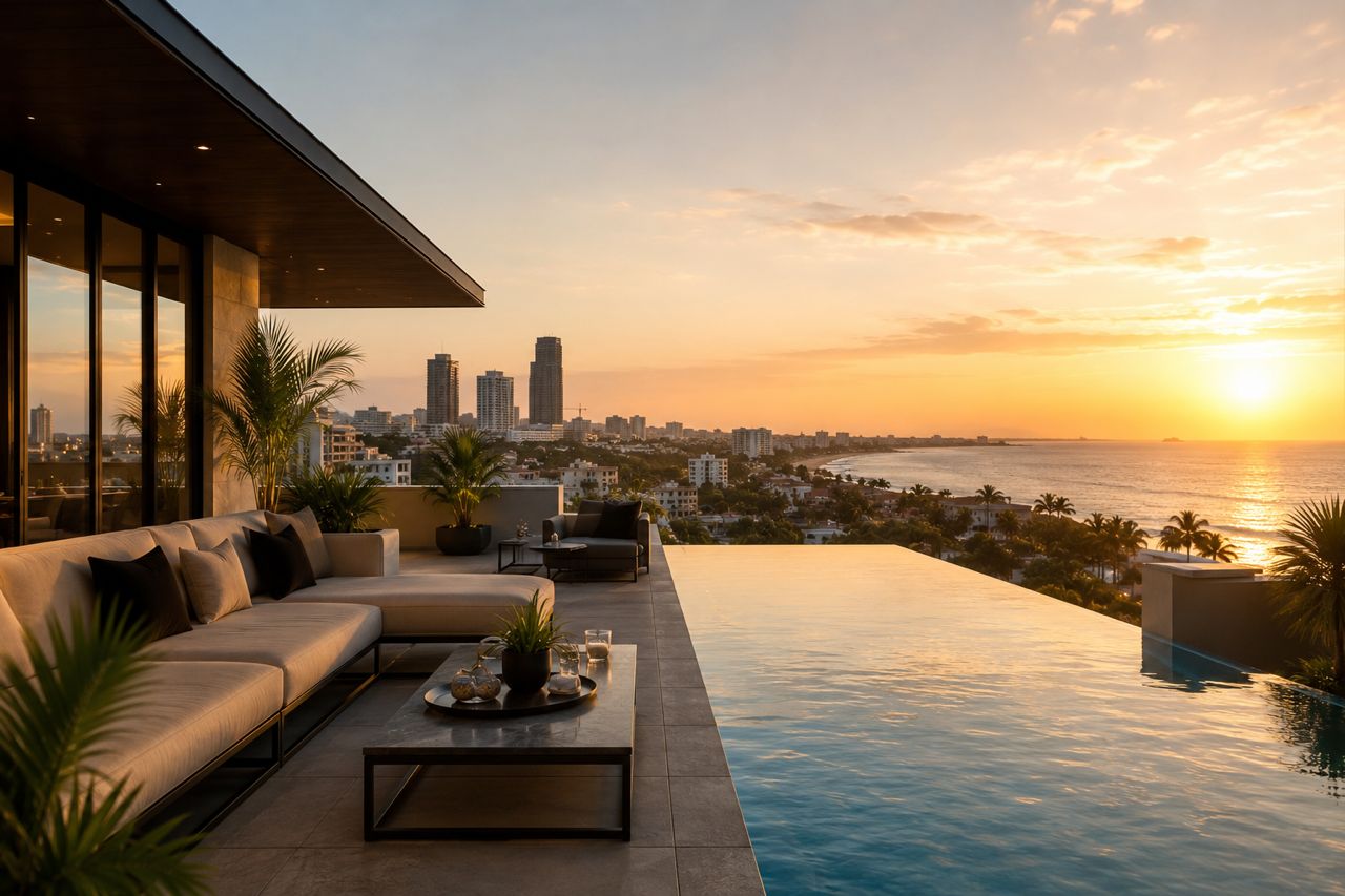 Terrasse premium avec piscine et vue sur Dakar au coucher du soleil